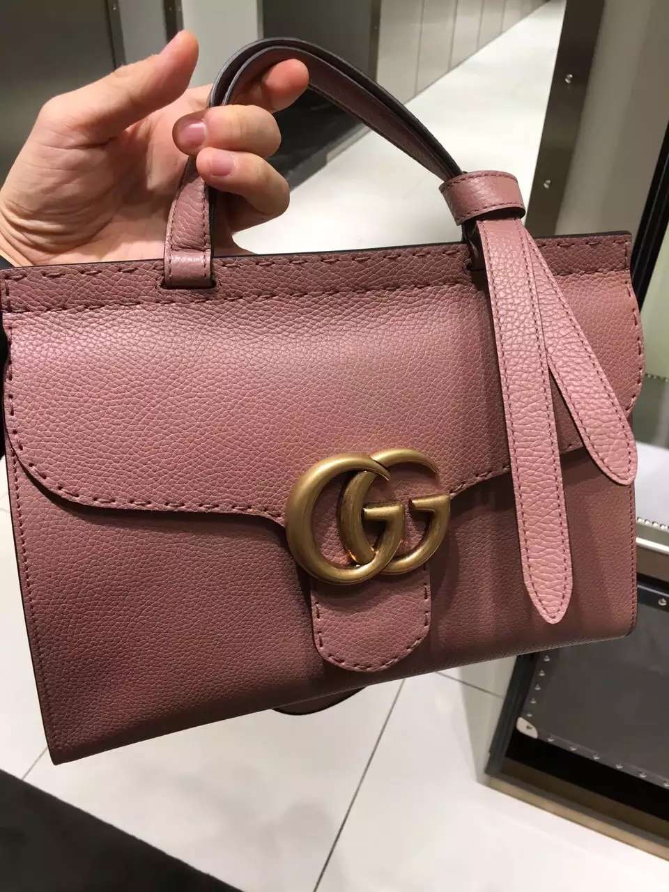 Gucci GG Marmont Leather Handle Bag 421890 A7M0B 6813 Rose